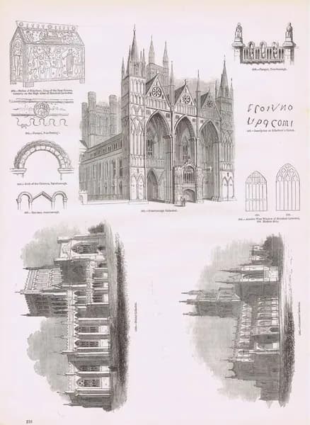 Старая Англия 127. Соборы Глостерский, Бристольский и Питерборский. Антикварная гравюра (ксилография). Англия, 1864 год