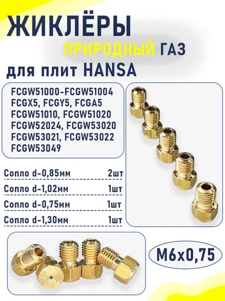 Комплект жиклеров (сопел) ПГ "Hansa" мод. FCGX5, FCGY5, FCGA5... (природный газ) М6х0,75