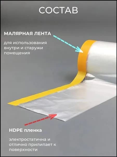 Пленка ремонтная с малярным скотчем, премиумзащита для поверхностей. Ширина 2,7 м, не оставляет следов. Рулон 20 метров применяется.
