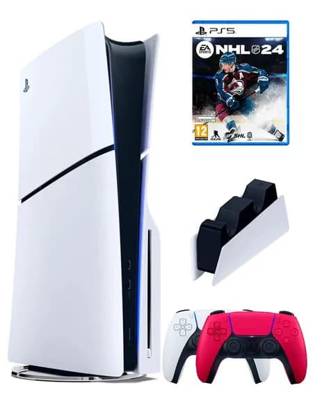 PS5 (ПС5) Игровая приставка Sony PlayStation 5 Slim disc + 2-й геймпад(красный) + зарядное + игра NHL 24