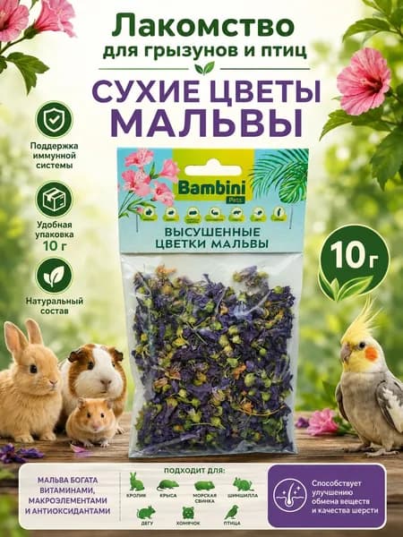 Лакомство Bambini Pets, для грызунов и птиц, высушенные цветки мальвы, 10 гр, 1 уп