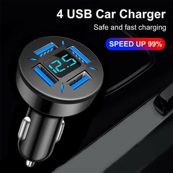 Автомобильное зарядное устройство 4 USB с дисплеем напряжения, алюминиевый сплав, 12-24В
