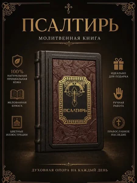 Подарочная книга Псалтирь в кожаном переплете ручной работы премиальное православное издание из натуральной кожи