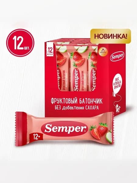 Детский фруктовый батончик Semper Яблоко и клубника с 12 месяцев 12 штук х 15 г
