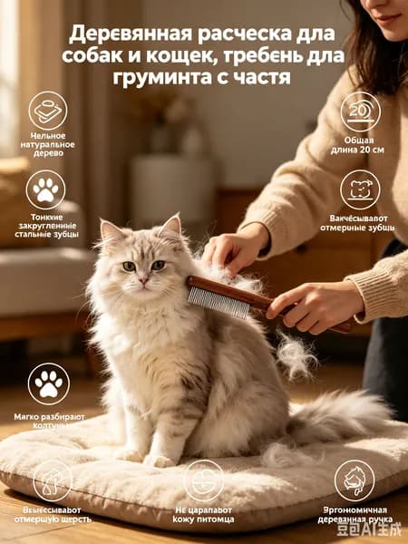 Деревянная расчёска для собак и кошек, гребень для груминга с частыми зубьями