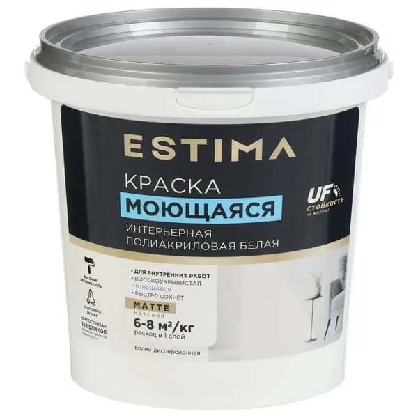 Estima, Краска матовая моющаяся для стен и потолка белая, без запаха, 1.5 кг