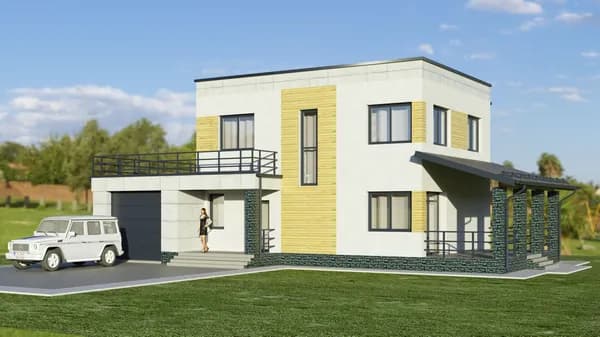 Проект двухэтажного дома с гаражом и плоской кровлей 160 м2