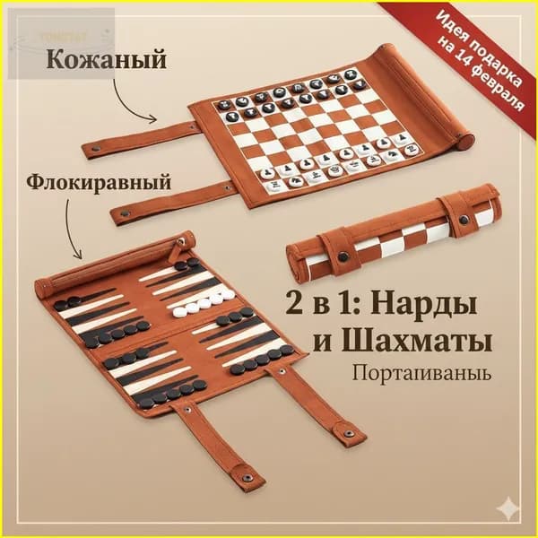 Подарочный дорожный набор премиум класса 25x25 см, объединяющий шахматы и нарды в эксклюзивном исполнении из складной кожи