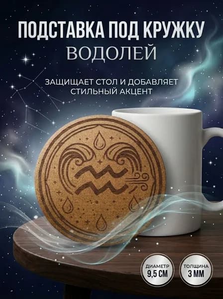 Подставка под кружку Водолей, подставка под горячее со знаком зодиака, подарок по гороскопу, 9,5 см