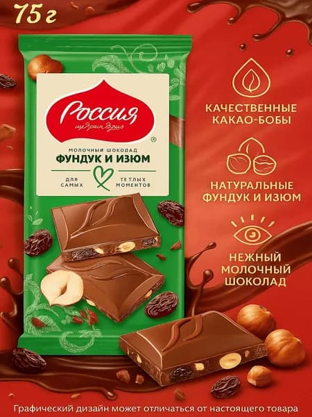 Шоколад Россия Щедрая душа молочный фундук с изюмом, 75г