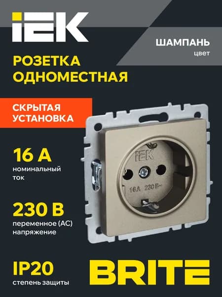 Розетка одноместная с заземлением без защитных шторок серия BRITE шампань