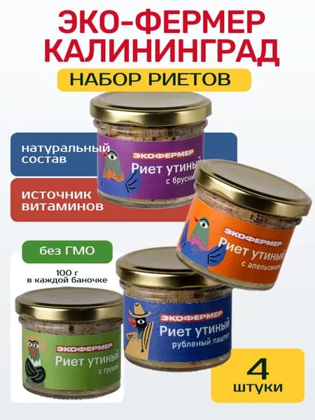 Набор риетов утиных, 4 шт. по 100 г (натуральный, с апельсином, с брусникой, с грушей)