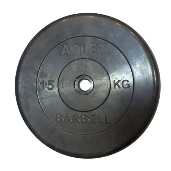 Диск MB Barbell Atlet для штанги и гантелей 15 кг, с резиновой втулкой, посадочный диаметр 26 мм