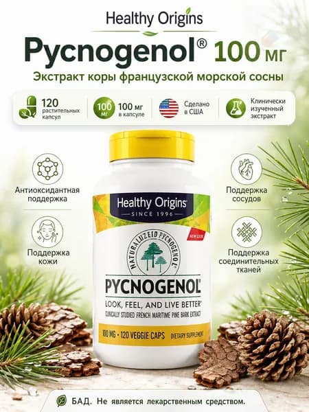 Healthy Origins Pycnogenol 100 мг, экстракт коры французской морской сосны, 120 капсул