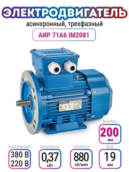 Электродвигатель 71A6 АИР, 220В/380В, мощность 0,370 кВт, частота вращения 880 об/мин, лапы+фланец, вал 19 мм, трехфазный асинхронный, VEMPER