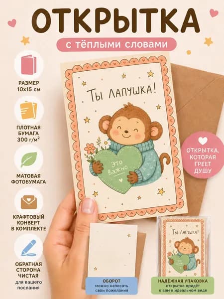 Открытка мотивирующая/мотивационная карточка с тёплыми пожеланиями 10*15 см с крафтовым конвертом