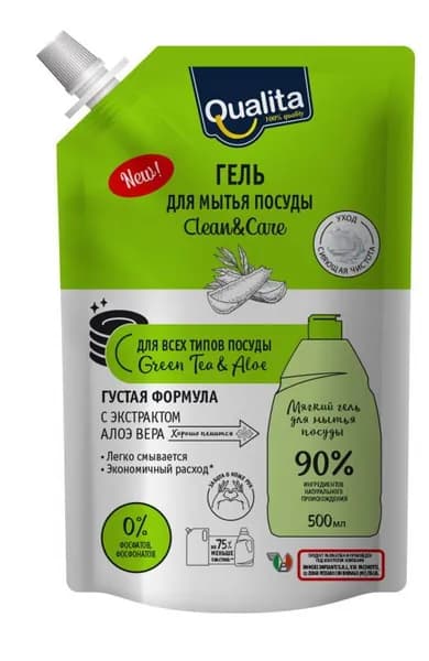 Средство для мытья посуды Qualita Green Tea&Aloe, сменный блок, 500 мл (4752171008601)