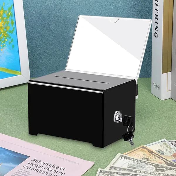 Акриловый ящик для пожертвований с замком и съемной подставкой под табличку