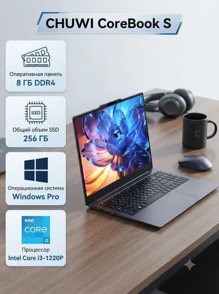 CHUWI CoreBook S Ноутбук 15.6", Intel Core i3-1220P, RAM 8 ГБ, SSD 256 ГБ, Intel UHD Graphics, Windows Pro, (CWI656-328N2N1PDMXS), серый, Русская раскладка
