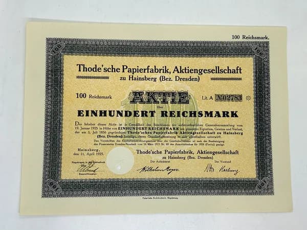 Ценная бумага Германия Производство печатной бумаги, Thode 'sche Papierfabrik AG, 100 марок 1925 год. Редкая