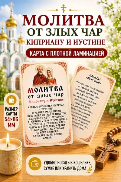 Двусторонняя ламинированная карточка Молитва от злых чар (сглаза и недоброжелателей) Киприану и Иустине и Отче Наш, иконка, 86х54 мм