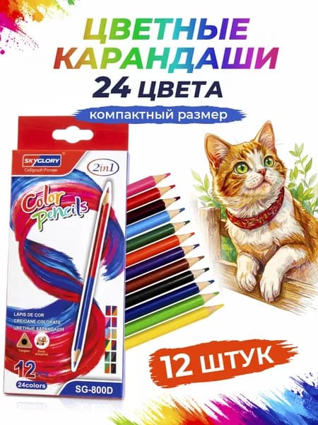 Карандаши цветные двухсторонние 24 цвета 12 штук SKYGLORY