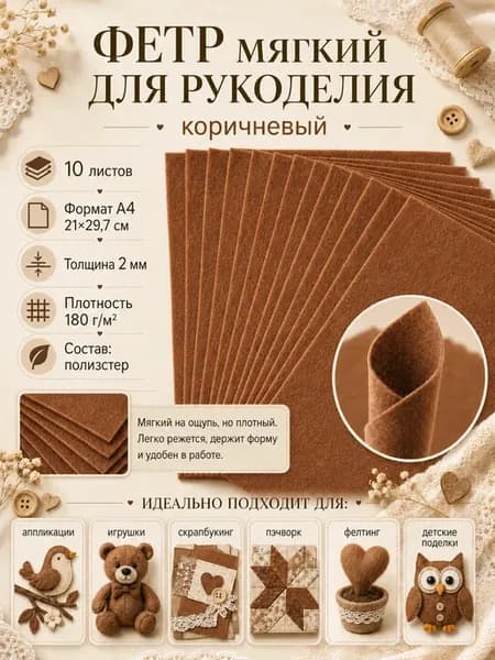 Фетр для рукоделия мягкий 2 мм А4, 10 листов коричневый