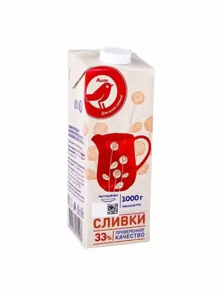 Сливки АШАН Красная птица нормализованные 33% БЗМЖ 1 л