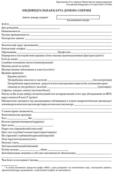 Индивидуальная карта донора спермы №803н