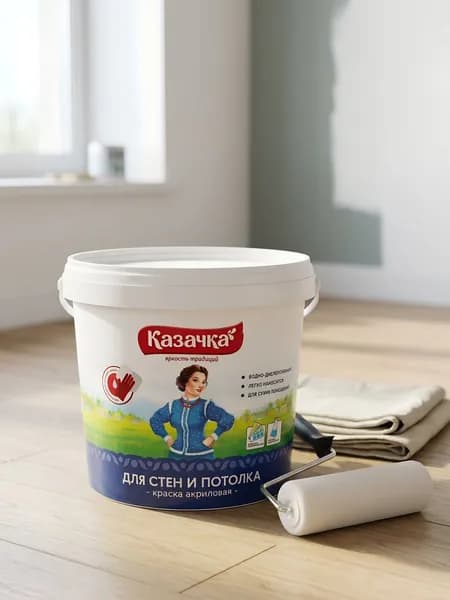 Краска водно-дисперсионная Казачка W-3 акриловая интерьерная матовая для стен и потолка, 1.4 кг