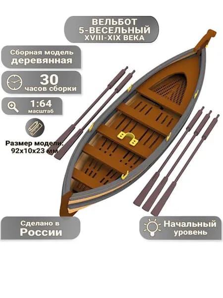 Вельбот 5-весельный XVIII-XIX века, 30 часов, 92х10х23 мм, М.1:64, сборная модель корабля для начинающих, Россия