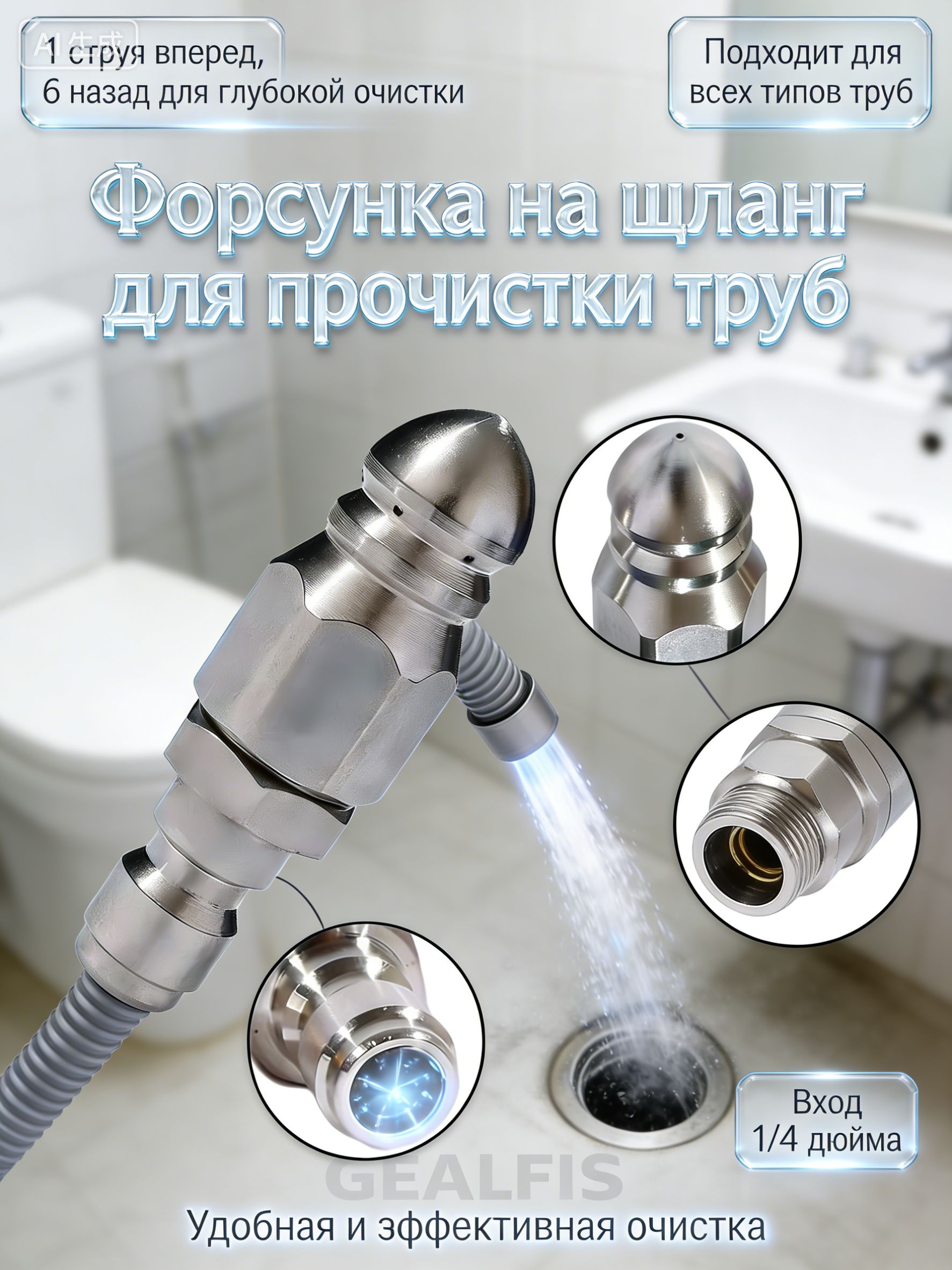 Форсунка на шланг для прочистки труб, 1 струя вперед и 6 назад, для глубокого очищения труб, вход 1/4 дюйма