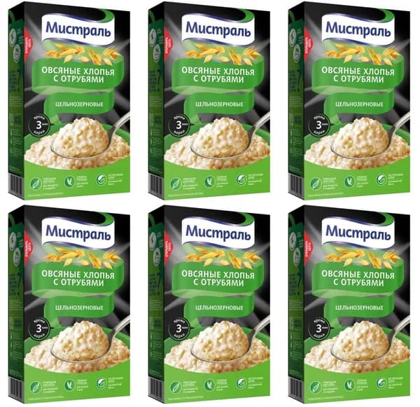 Мистраль Хлопья Овсяные с отрубями, цельнозерновые, 400 г, 6 шт