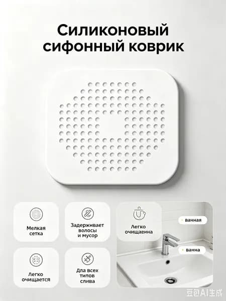 Силиконовая сетка-решетка для слива раковины, ванной и душевой на присосках 14см х 14см, белый; Фильтр улавливатель волос и отходов на кухне и в душе.