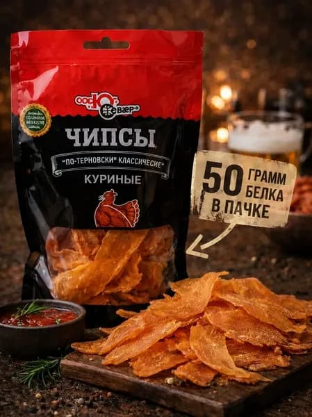 Продукт из мяса кур бескостный сыровяленый высшего сорта чипсы, С Кубани, "По-терновски классические"