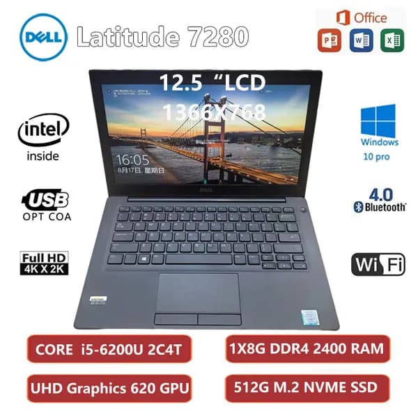 12.5" DELL Latitude 7280 Ноутбук 12.5", Intel Core i5-6200U, RAM 8 ГБ, SSD 512 ГБ, Intel HD Graphics 520, Windows Pro, (12.5" DELL Latitude 7280), черный матовый, Английская раскладка
