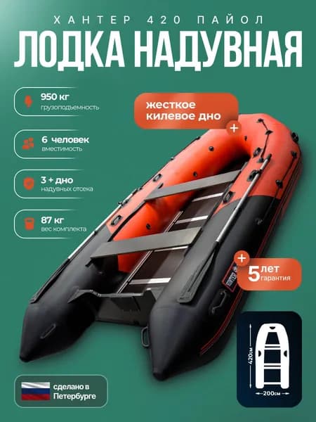 Лодка пвх под мотор Хантер 420 - красно-черный