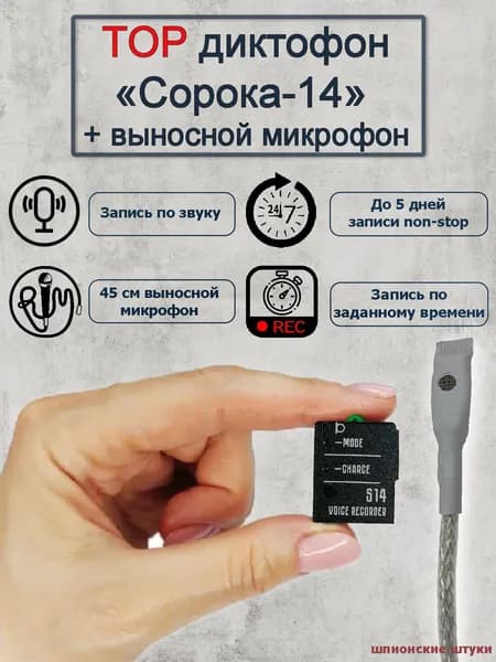 Мини диктофон Сорока 14 + выносной микрофон 45см с активацией по звуку