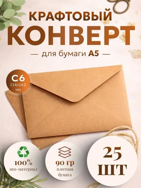 Конверт крафт С6, 114х162мм, 25 штук, крафтовый бумажный подарочный конверт с клеевым треугольным клапаном