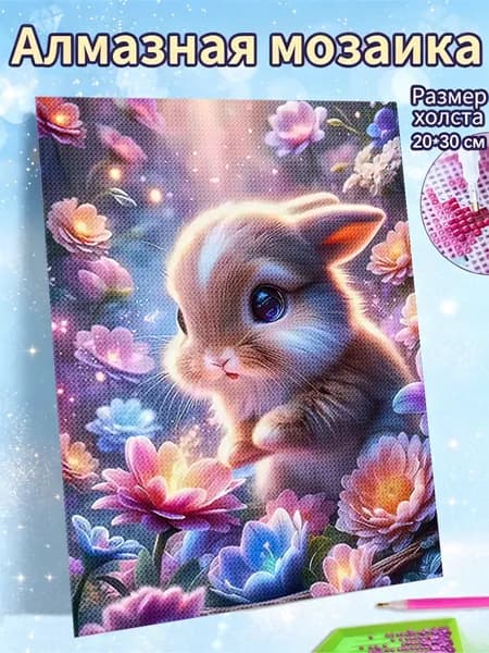 Алмазная мозаика холст 20X30 "Маленький кролик в цветах" / Картина стразами