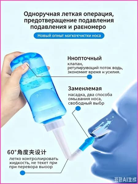 Промывалка для носа медицинского класса объемом 300 мл, эргономичный дизайн, не протекает при перевороте, для регулярной очистки носовых ходов дома
