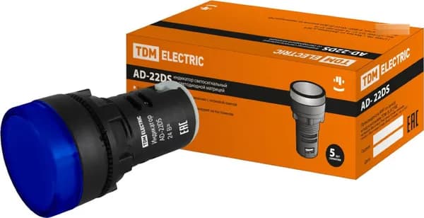 Кнопка управления TDM Electric / ТДМ Электрик AD-22DS LED, синяя, под отверстие диаметром 22мм, 24В AC/DC, SQ0702-0022 / кнопочный пост