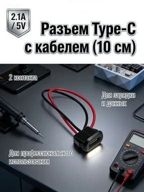 Разъем Type-C мама с кабелем 10 см, 2-контактный порт зарядки 5V 2.1A, гнездо для DIY проектов и ремонта электроники, черный, 1 шт.