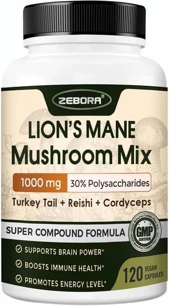 ZEBORA Lions Mane Supplement Capsules - грибная добавка 5-в-1 с кордицепсом