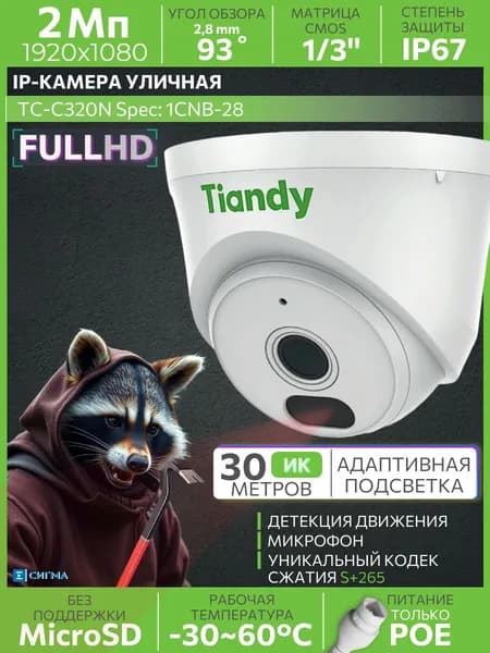 IP-камера видеонаблюдения Tiandy TC-C320N 1CNB-28 2Мп Full HD ИК до 30м CMOS PoE уличная купольная микрофон