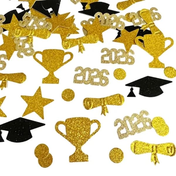 (1 компл. 200 шт) Бумажные конфетти на выпускной 2026 2026 + шапочка + звёзды + свитки + кубки + кружочки