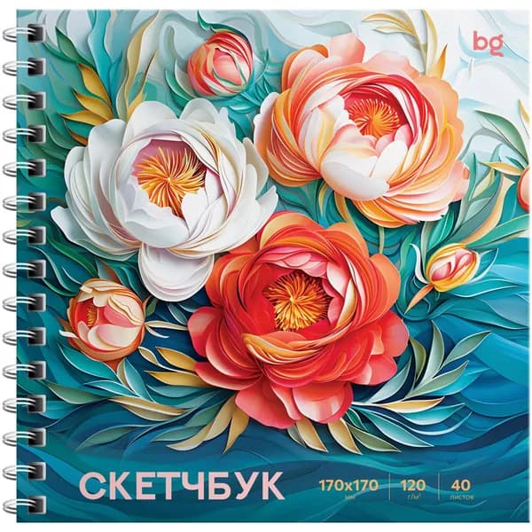 Скетчбук 40л., 170*170 BG "Пионы", на гребне, матовая ламинация, выборочный лак, 120г/м2 (Скв40гр_64598)