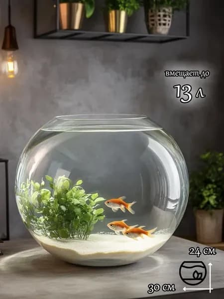 Аквариум для петушка - круглый стеклянный, объем 10-13 л