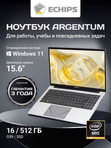 Echips Argentum для работы и учебы мощный Ноутбук 15.6", Intel N95, RAM 16 ГБ, SSD 512 ГБ, Intel UHD Graphics Xe 16EUs, Windows Home, серебристый, Русская раскладка