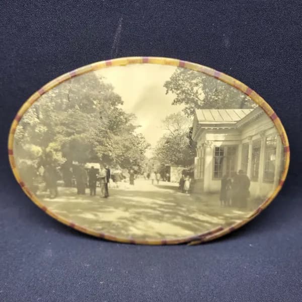 Панно настенное винтажное, СССР. Овальное, с фотопейзажем и подвесом, пластик, 17 см